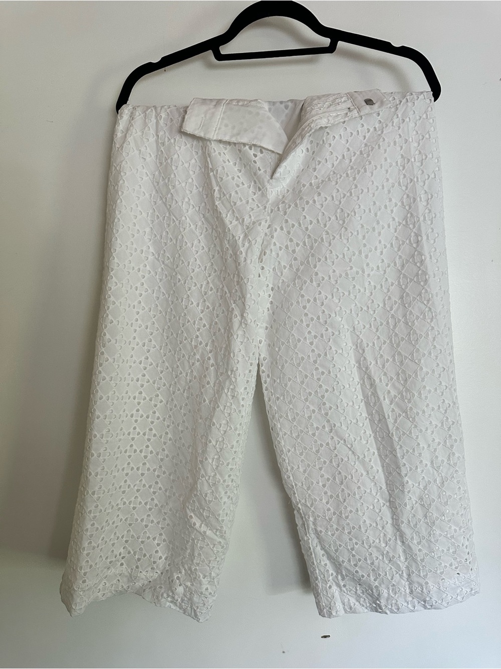 White Eyelet Wide-Leg Cropped Pants